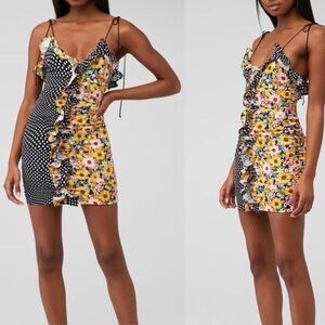 For Love And Lemons Yellow Floral & Black Polka-Dot Ruffle Mini Dress Size: S